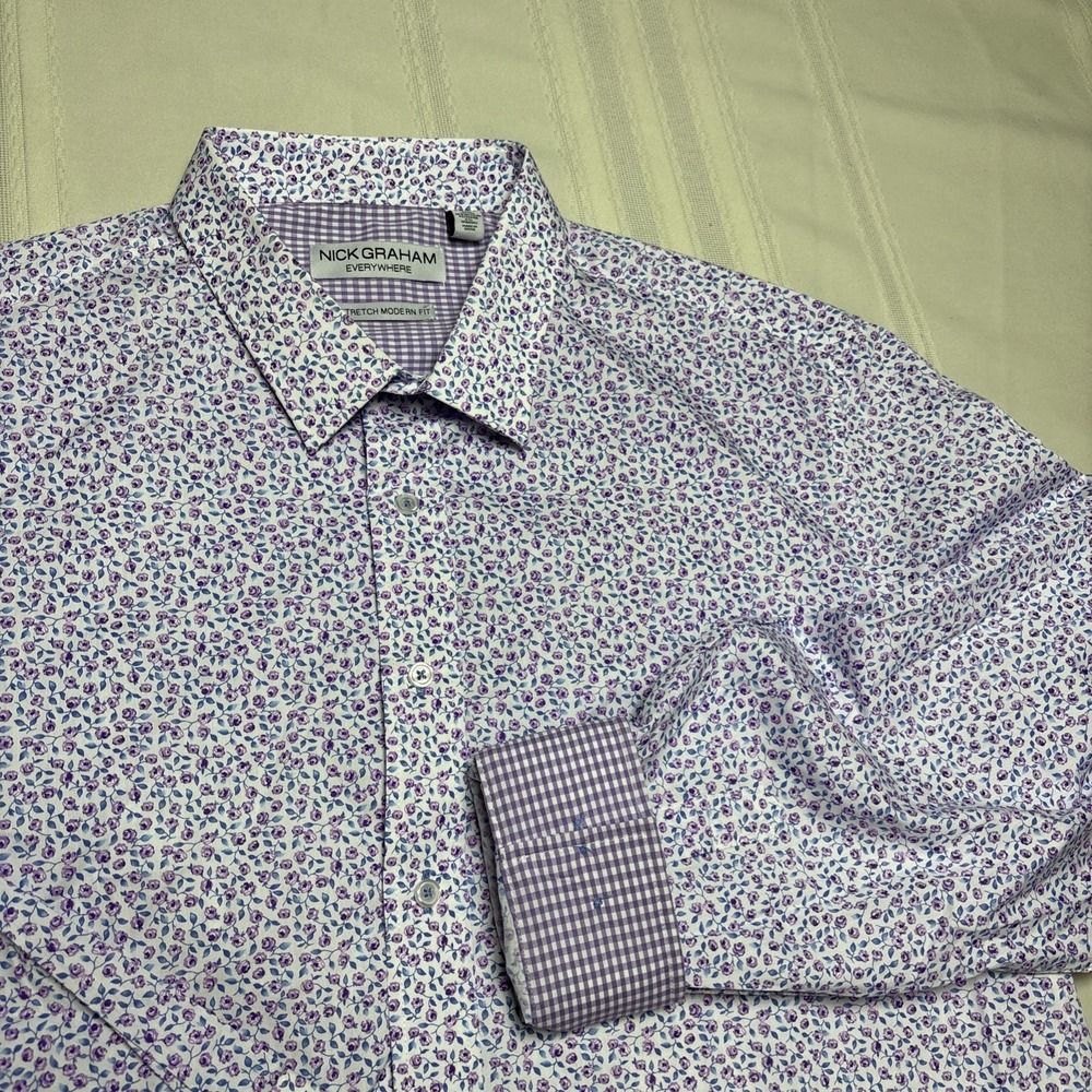 NWOT Nick Graham Everywhere Men's 2XL Stretch Modern Fit Purple Floral LS